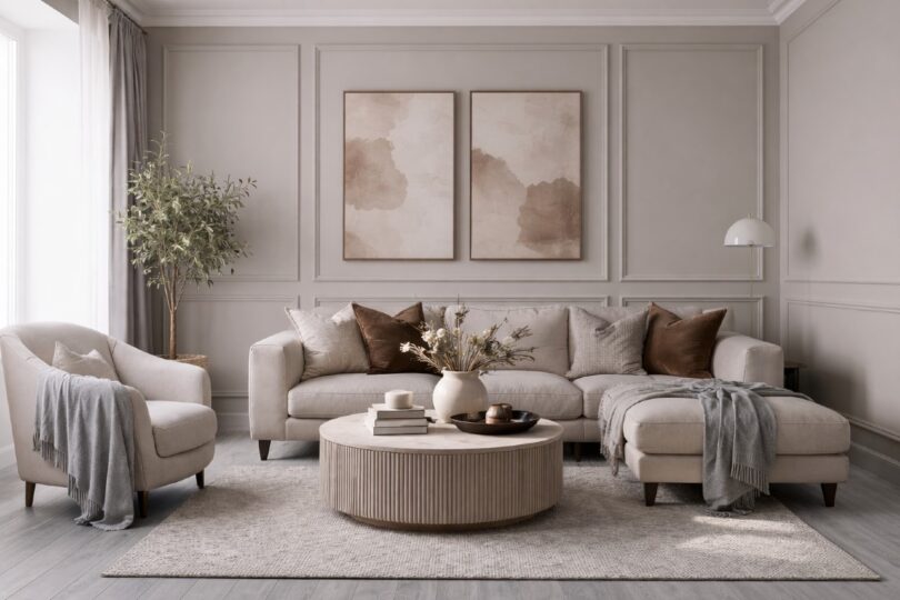 Grått golv greige vägg