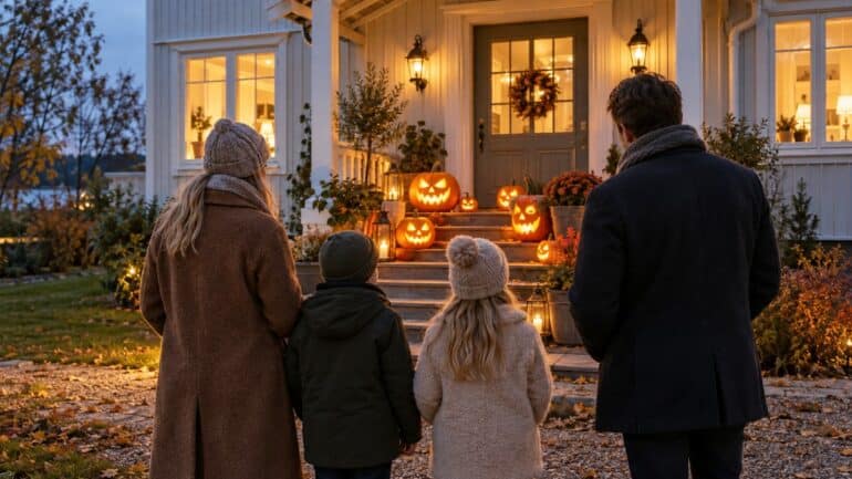 Halloweengræskar ved husets indgang